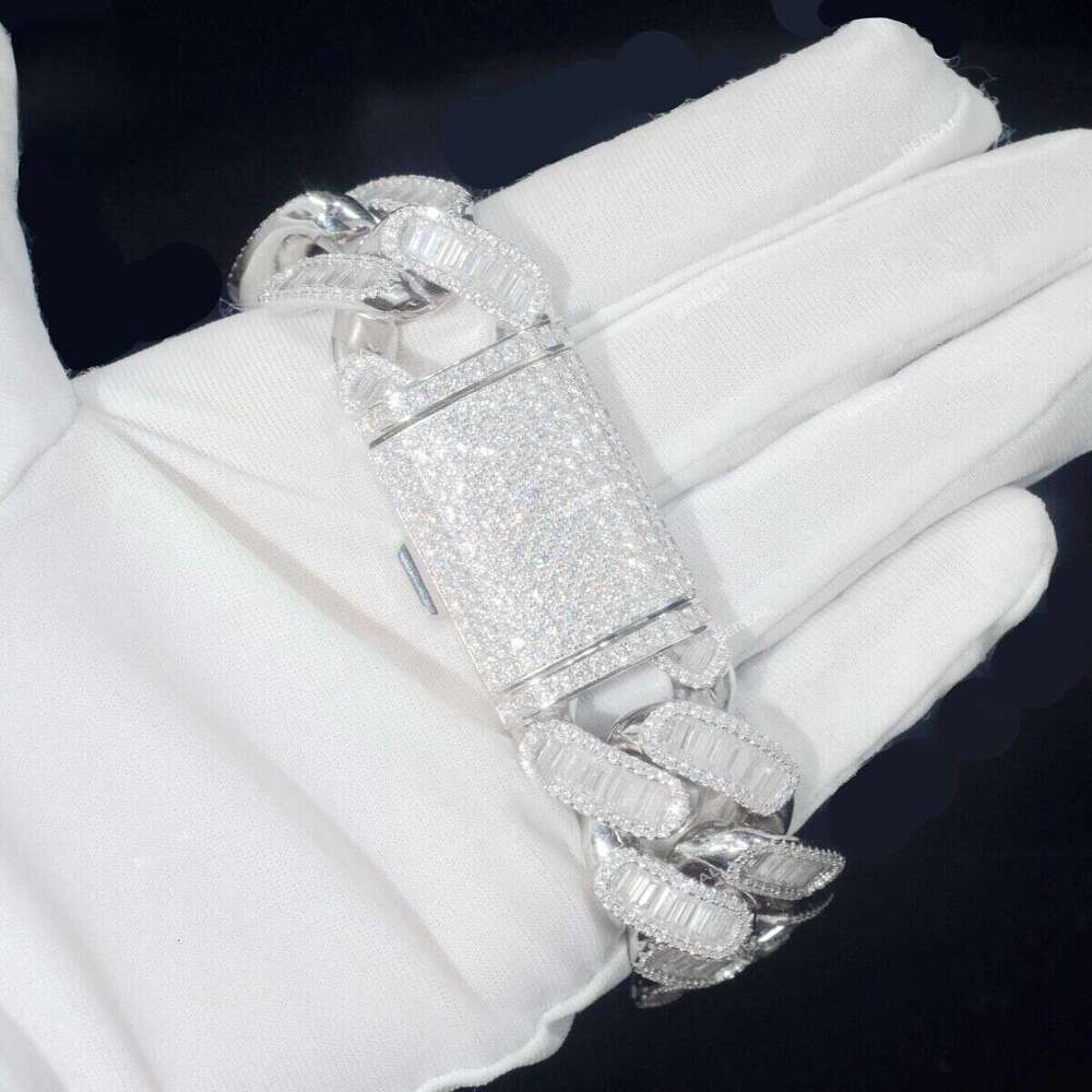 Custom Vvs Iced Out Baguette Moissanite Dia Cuban Link Chain Hip Hop Bracelet 14K Gold Sier Fine Jewelry Men 15mm