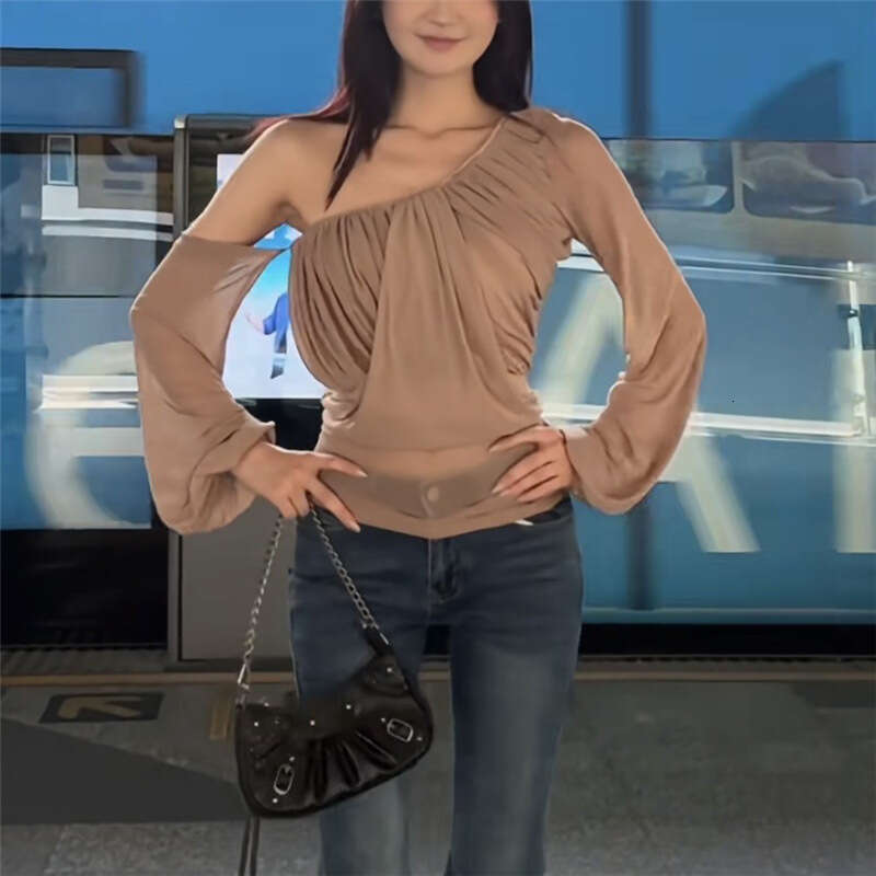 2025 Women's Summer New Fashion Street Style Solid Color Sexy Asymmetric Neck Long Sleeve T-Shirt cd1