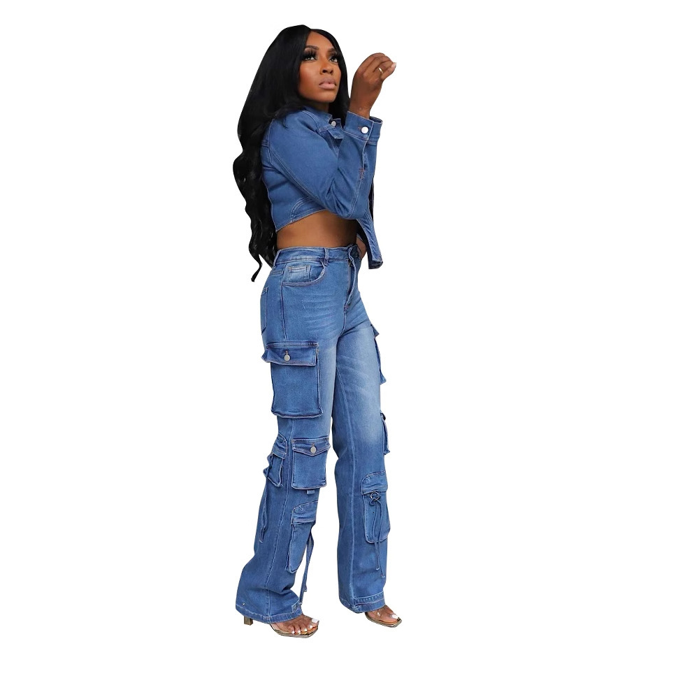 TS1318 new womens casual washed denim suit