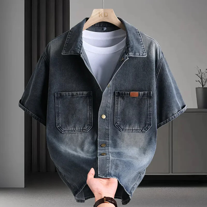 Trendy Mens Solid Denim Shirt Soft Breathable Collar MultiPocket ShortSleeve Casual Comfortable Versatile Top 250725