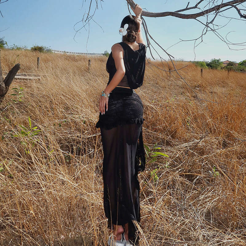 2025 Summer New Women's Sexy Hot Girl Solid Color Mesh Crop Top Fashion Street Outfit for Women 580