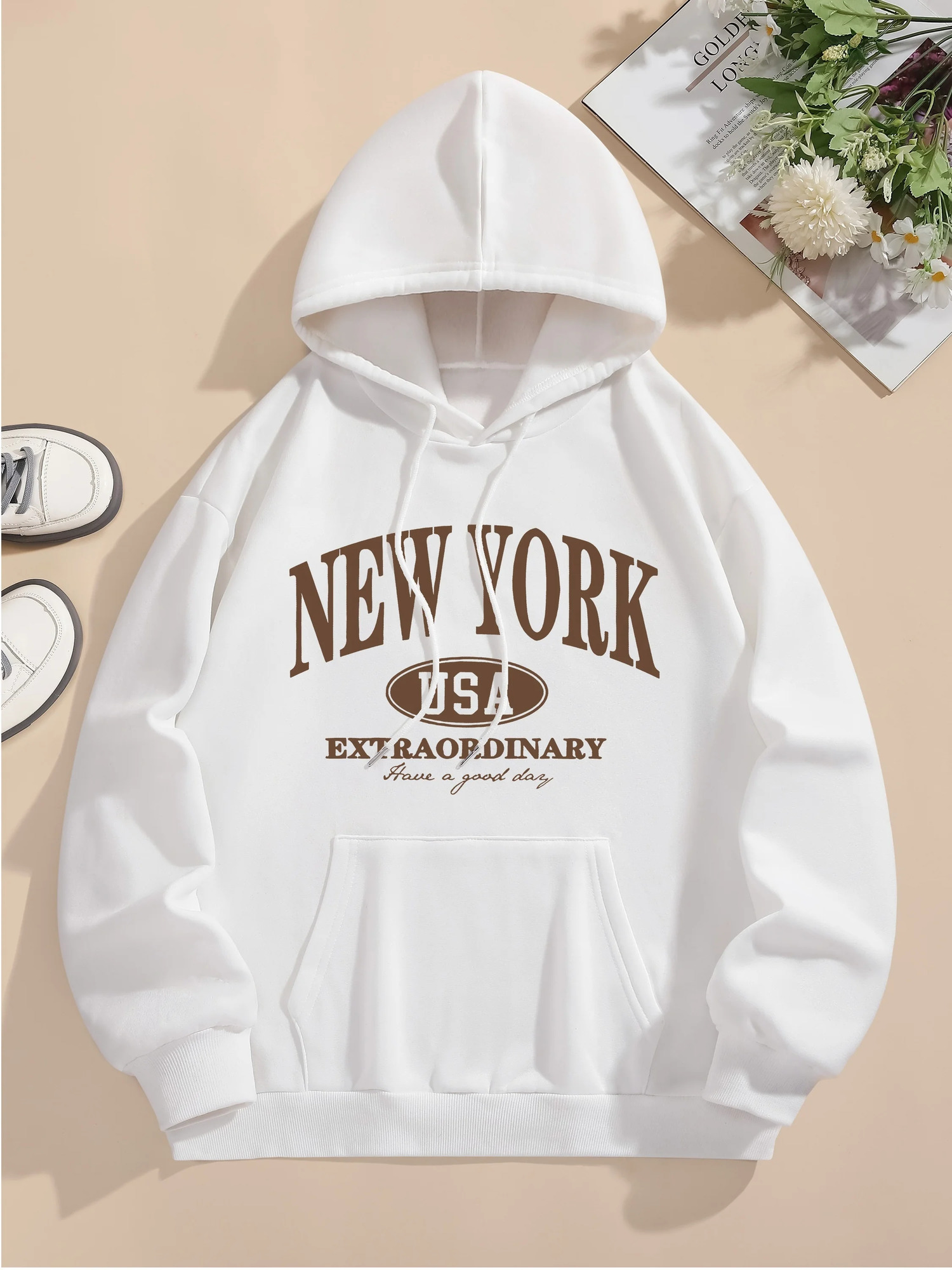 Letter Print Hoodie Drawstring Long Sleeve Casual Hooded Sweatshirt For Winter Fall Womens Clothing 250725
