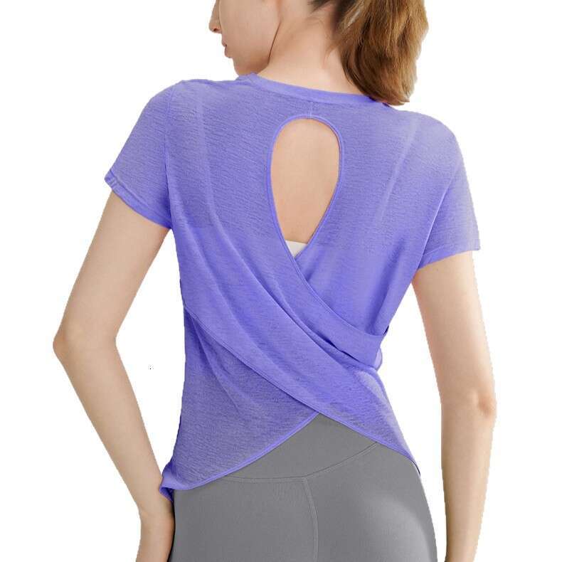 SXZY Bamboo Fiber High-End Hollow Out Backless Outdoor Sports Short Sleeve Top Thin Round Neck Fitness Yoga Cover-Up for Women Summer
