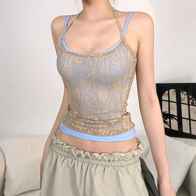 2025 Spring New Women's Solid Color Slim Street Style Fashion Camisole Mesh Two-Piece Set Vest cdd