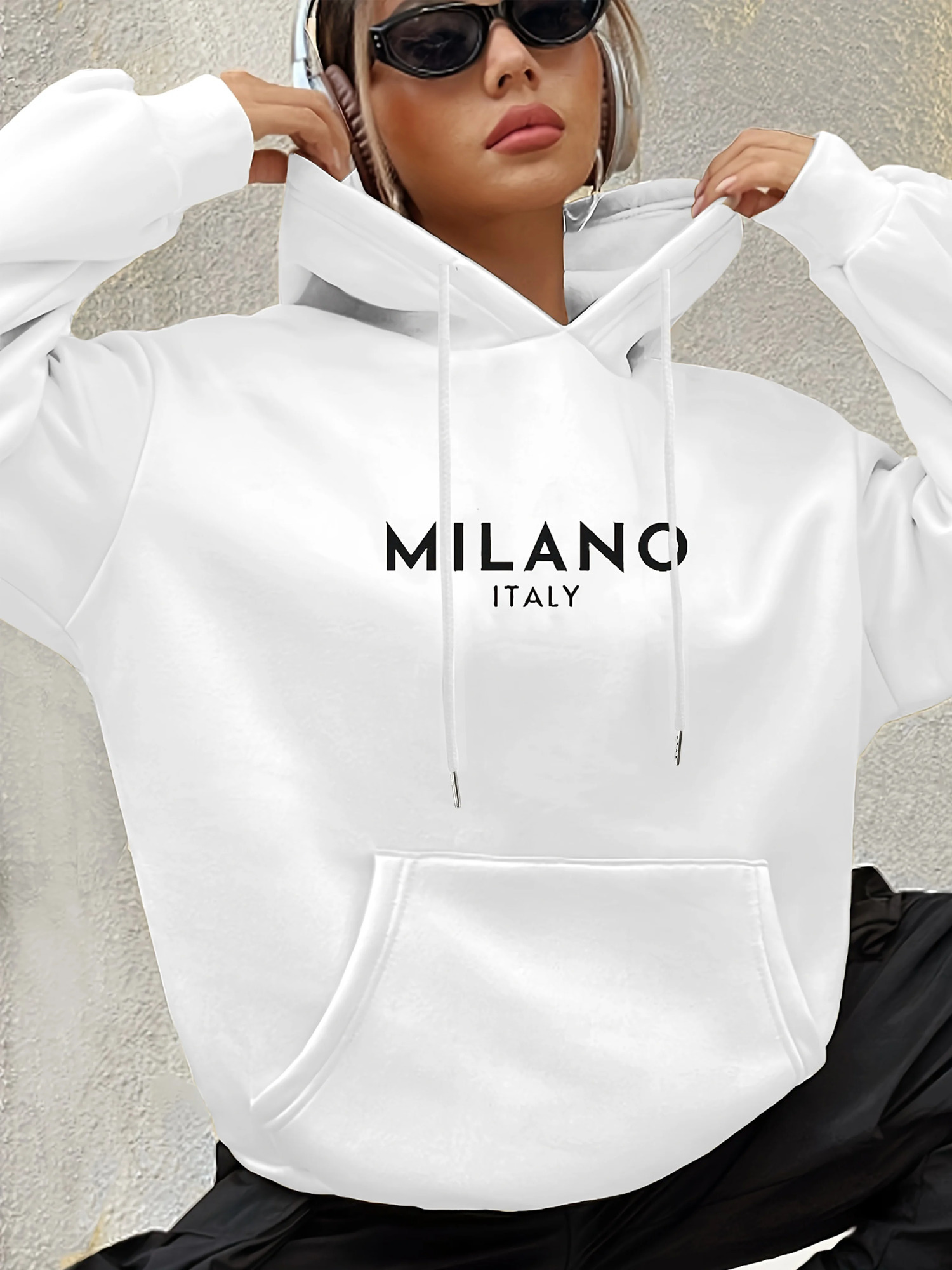 Milano Italy Polyester Hoodie for Women Alphabet Print Casual Long Sleeve Sweatshirt with Pocket Fashionable Hooded 250725