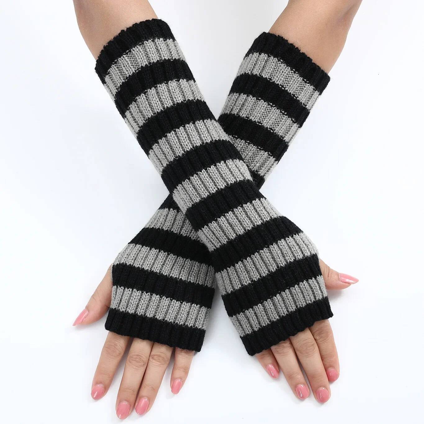 30cm Women's Fashionable Striped Fingerless Mittens Girls Long Knit Gloves for Warmth Winter Glove ddmythur