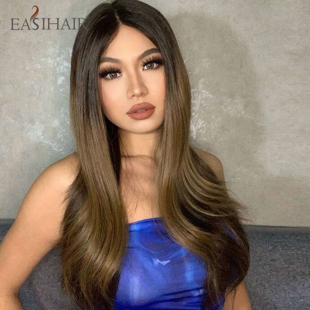 EASIHAIR Front Hair Brown Long Straight Synthetic Lace Wigs for Black Women Daily Cosplay Party Heat Resistant Fibers
