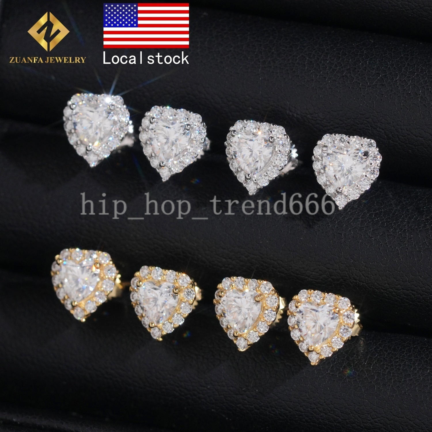 Local Warehouse Hip Hop Jewelry 8.5mm 925 Sterling Silver Earrings Heart Vvs Moissanite Back Round Ear Studs Iced Out Screw