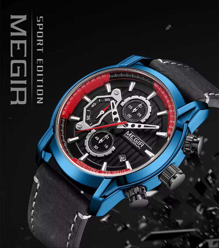 MEGIR Men's Oversized Chronograph Watch - 53mm Genuine Leather, Waterproof, Luminous - Bulk Wholesale Watch
