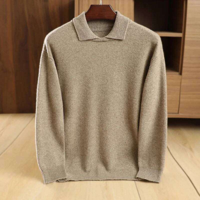 Men's Winter Thick 100% Merino Wool Sweater Polo Collar Pullover Smart Casual Cashmere Knitwear Soft Warm Clothing High Quality