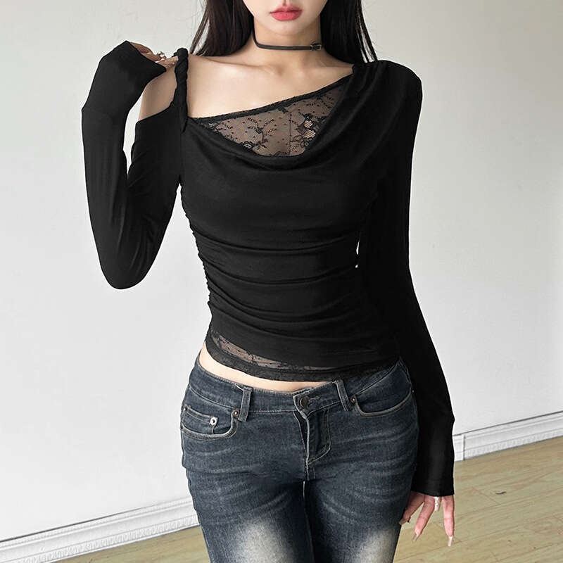 2024 Autumn New Women's Solid Color Slim Street Fashion Asymmetrical Neck Long Sleeve Ruched Top 06c