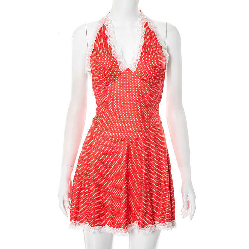 Q25ds010 Women's Spring Summer New V-Neck Lace Halter Backless Slim Waist Sexy Dress B5