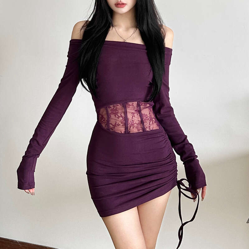 2024 Autumn Winter New Women's Solid Color Slim High Waist Fashion Asymmetrical Neck Long Sleeve Ruched Dress 365