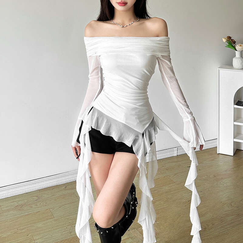 2024 Autumn New Women's Solid Color Slim Fit Street Fashion Off-Shoulder Long Sleeve Backless Top c3d
