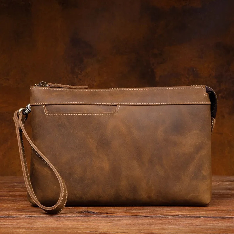 Crazy horse leather business clutch bag retro first layer cowhide mens casual handbag light coin purse. 250723