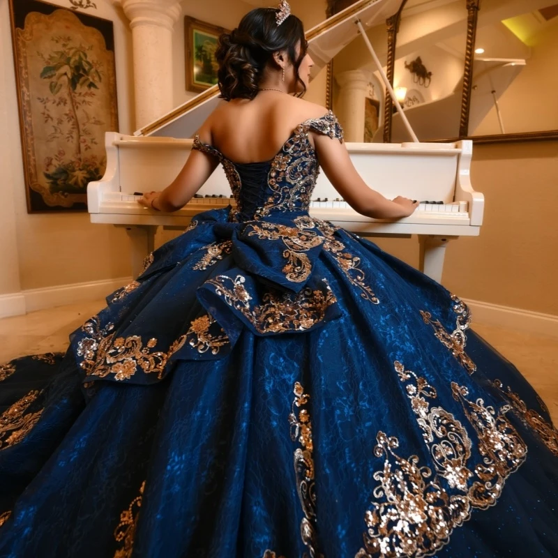 Royal Blue Shiny Quinceanera Dresses Off Shoulder Ball Gown Sweet 16 Dress Applique Lace Beading Bow Tull Birthday Party Vestidos 15 Anos
