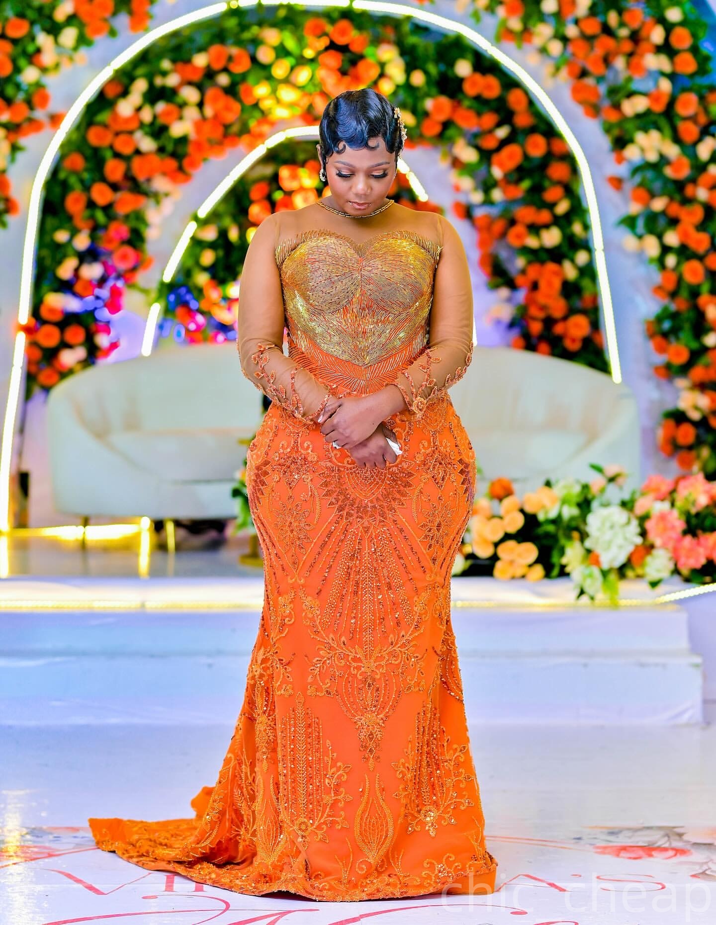 Mermaid Orange Prom Dresses 2025 Lace Beaded Full Sleeves Vintage Evening Formal Party Second Birthday Engagement Gowns Plus Size Dress For Special Oc