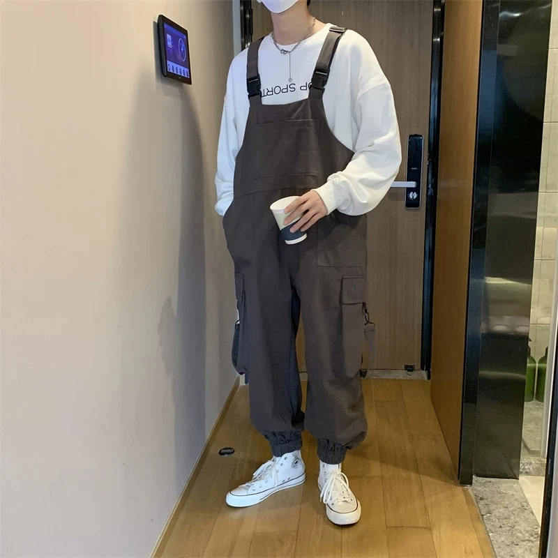 Suspenders Jumpsuit Pants Men Summer Overalls Japanese Loose Straps Casual Pockets Unisex Oversize Streetwear Solid Man Clothing 250725