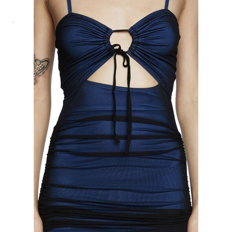 2024 Autumn New Women's Solid Color Slim High Waist Street Fashion Strap Backless Dress 182