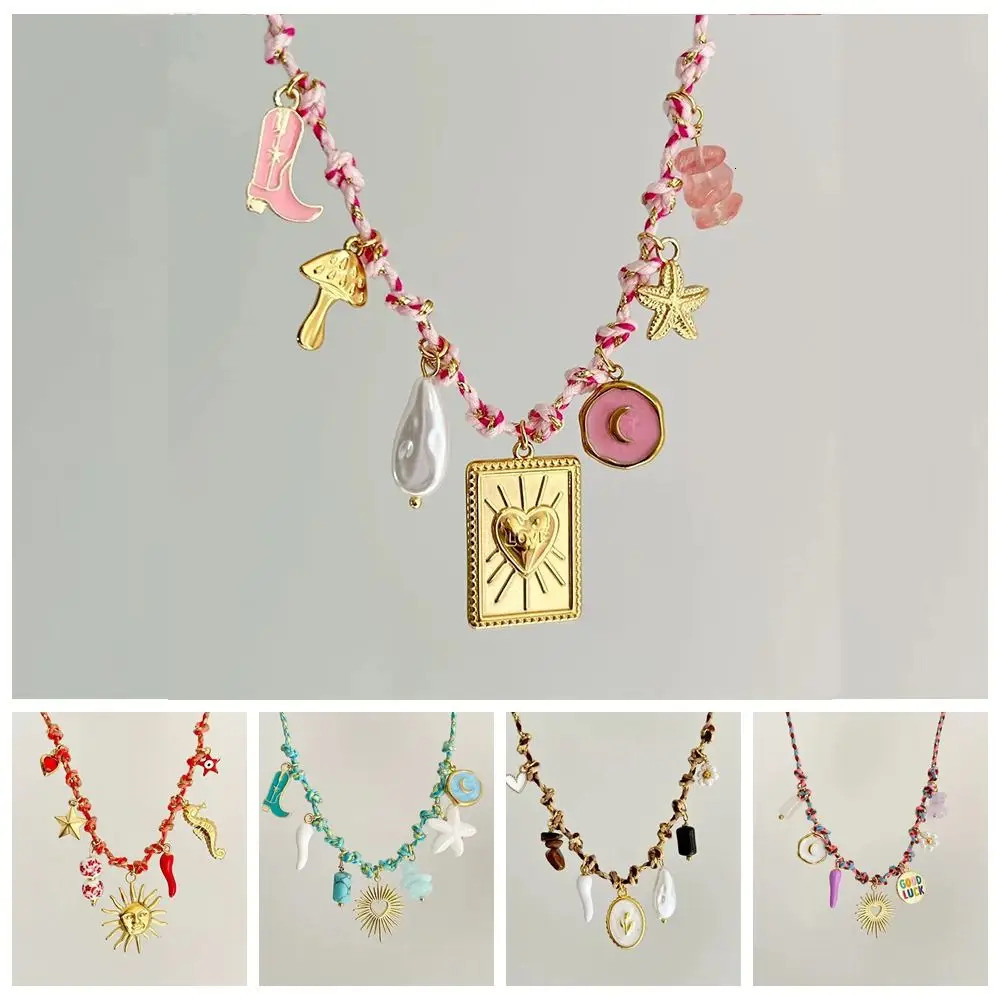 Fashion Copper DIY Knotting Rope Chain Colorful Pearl Accent Turtle Pendant Necklace Dopamine Style Beach Summer 250716
