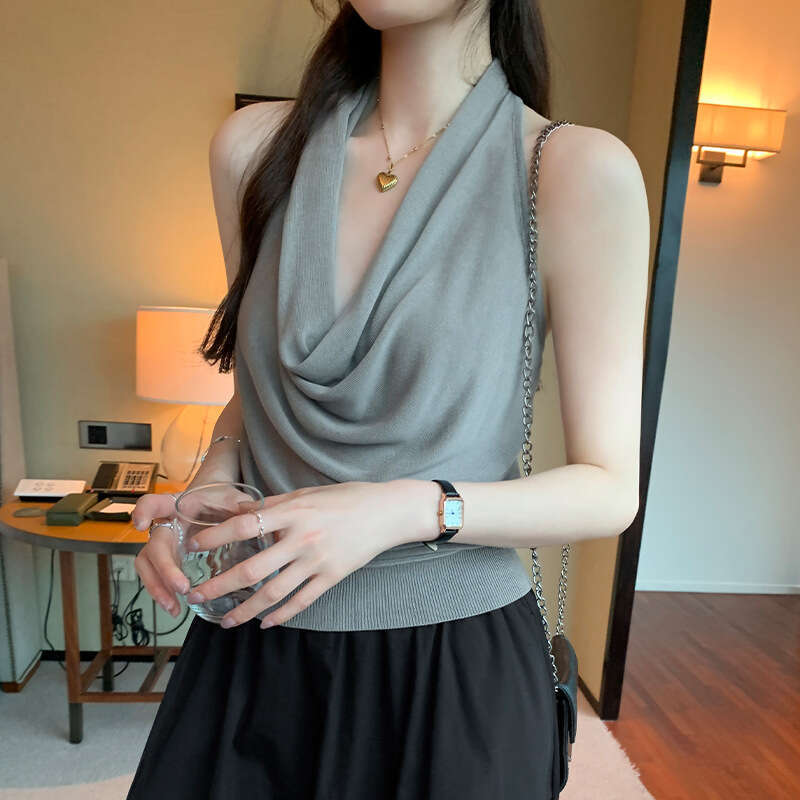 SXZY 2025 Summer New Fashion Swing Neck Halter Twist Knot Beautiful Back Design Hollow Knitted Sleeveless Vest Top for Women