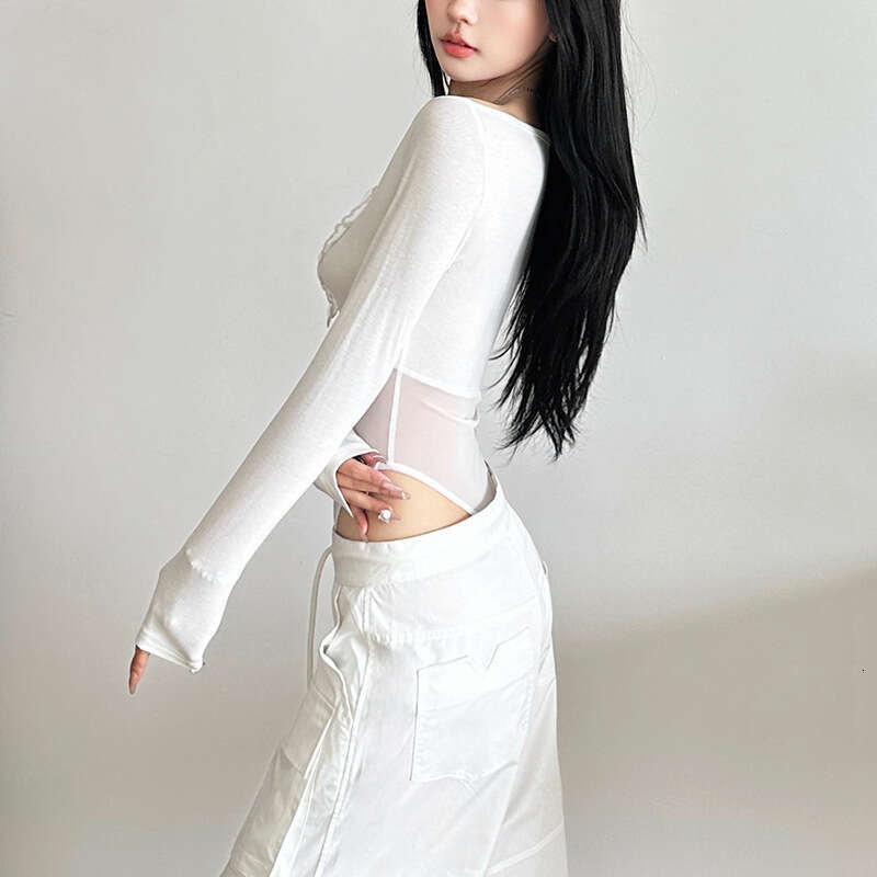 2024 Autumn Winter New Women's Solid Color Slim Street Fashion V-Neck Long Sleeve Mesh Jumpsuit a98