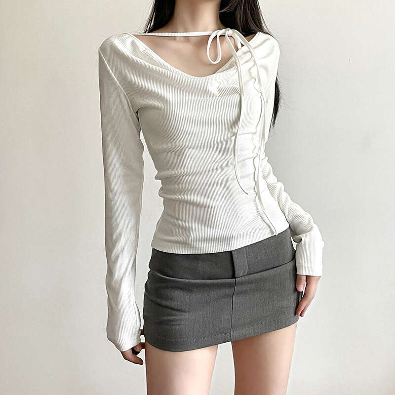 2023 Summer New Women's Solid Color Slim Fit Fashion V-neck Long Sleeve Tie T-shirt dc6