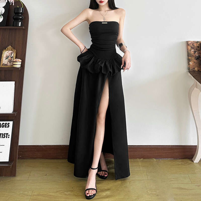 2025 Spring New Women's Solid Color Slim High Waist Fashion Off-Shoulder Split Dress d46