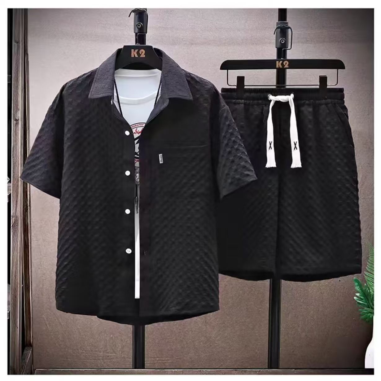 Advanced Jacquard T-shirt men's fashion brand summer plus size heavy short sleeve American high street five and a half sleeves suit.#0143639665