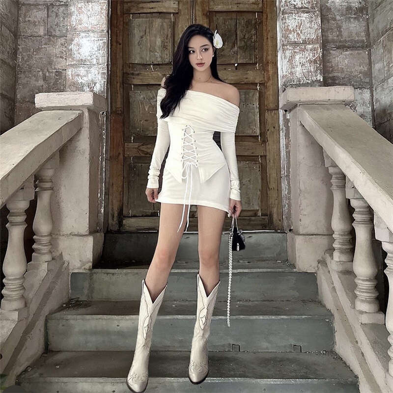 2023 Summer New Women's Solid Color Slim High Waist Fashion Off-Shoulder Long Sleeve Dress 37d