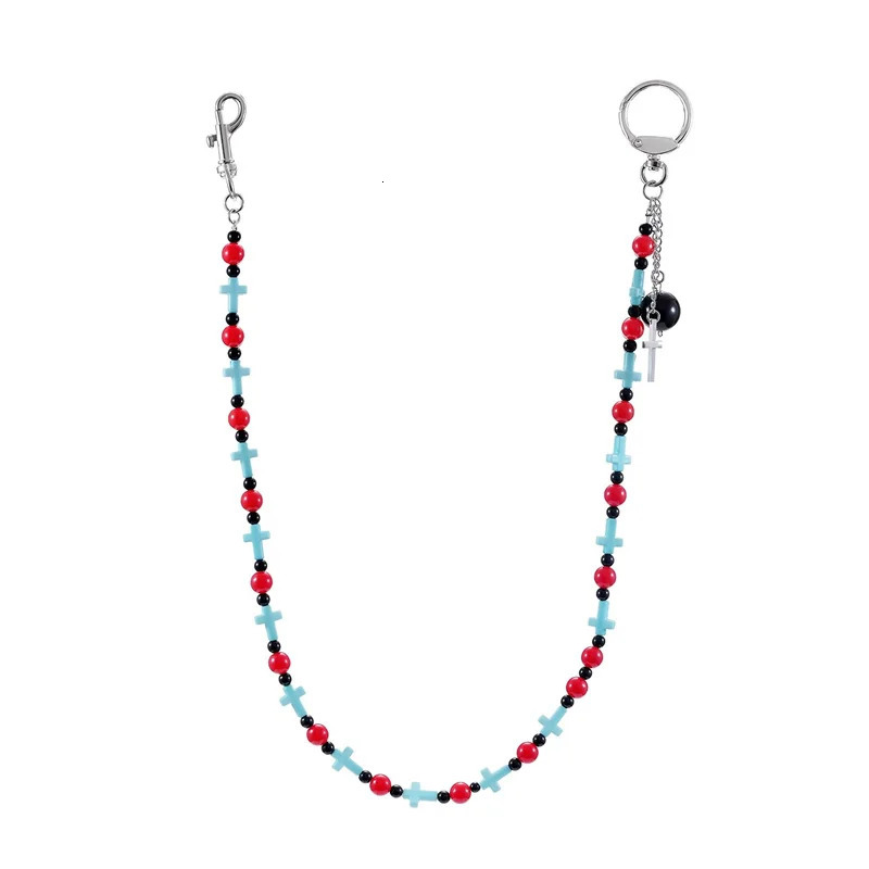 Japanese Fashion Vintage Trendy Turquoise Round Bead Cross Chain Tassel Punk Pants Chain Hip-hop Jeans Accessories 250722
