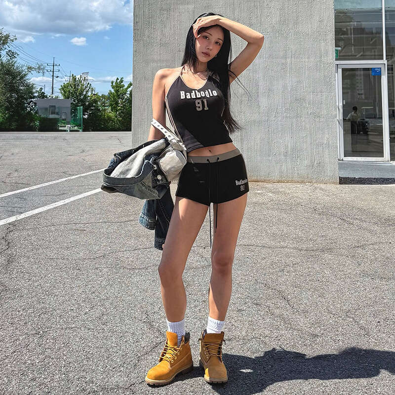 2025 Summer New American Style Sexy Hot Girl Halter Neck Letter Top Slim Fit Versatile Shorts Set fe0
