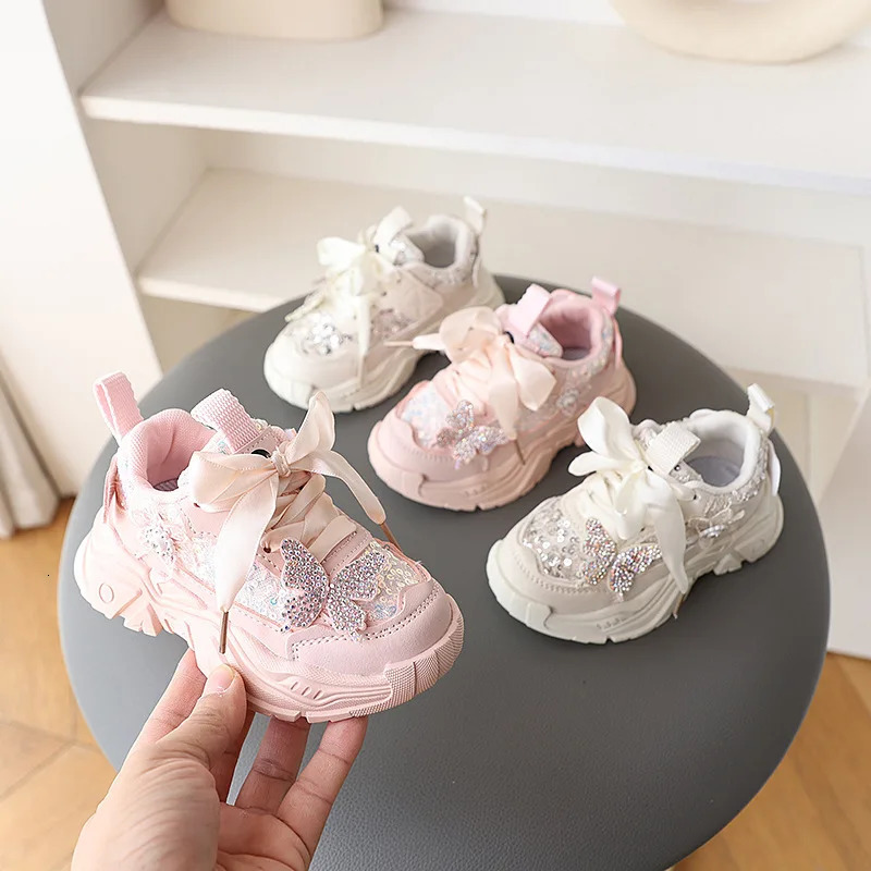 16Y Girls Sports Shoes AntiSlip Soft Sole Sequin Shiny Butterfly Cute Tennis Running Princess for Baby Girls 250725