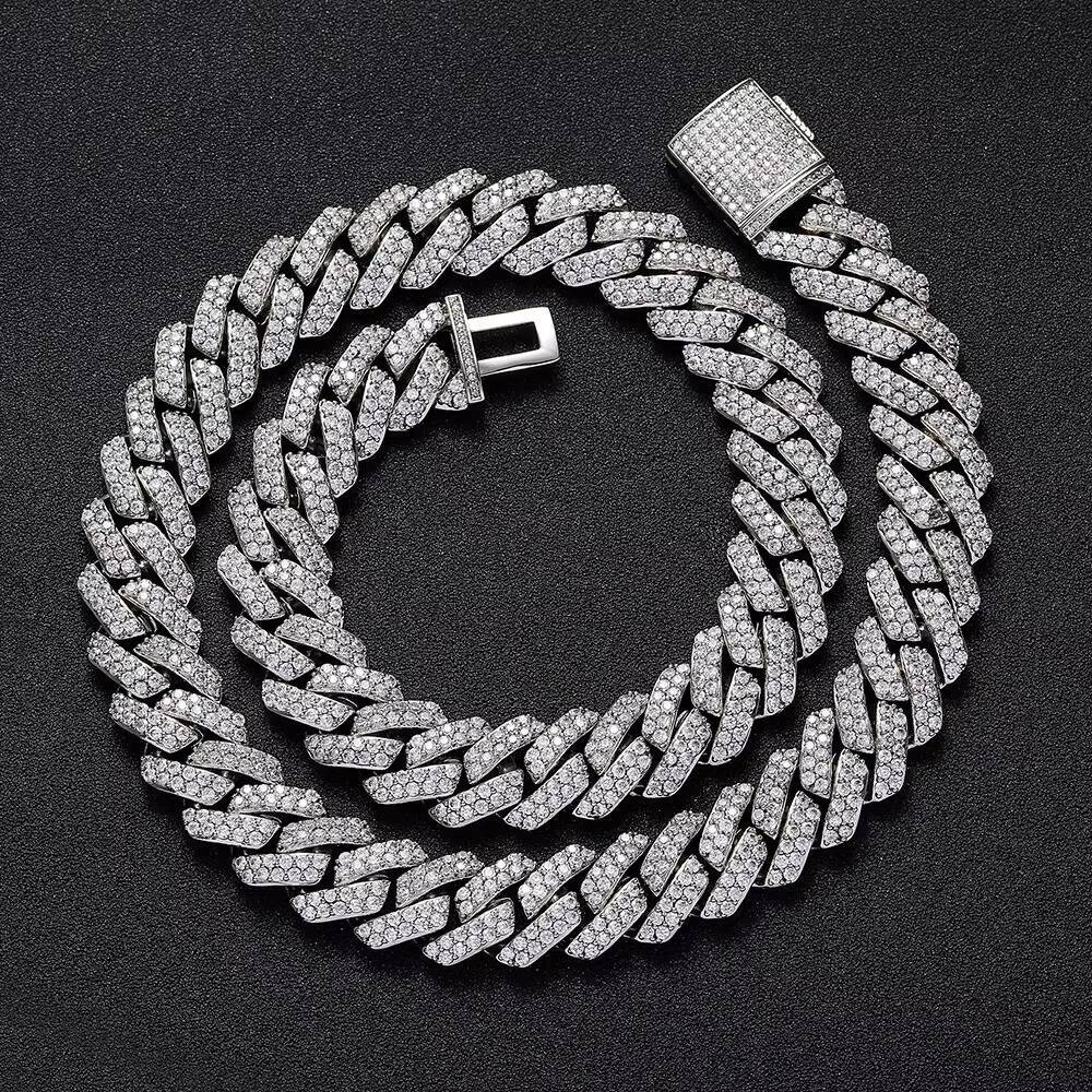 HipHop 925 Silver Men Double Row 15mm Rhombus Cuban Necklace Trendy Brand Moissanite Diamond