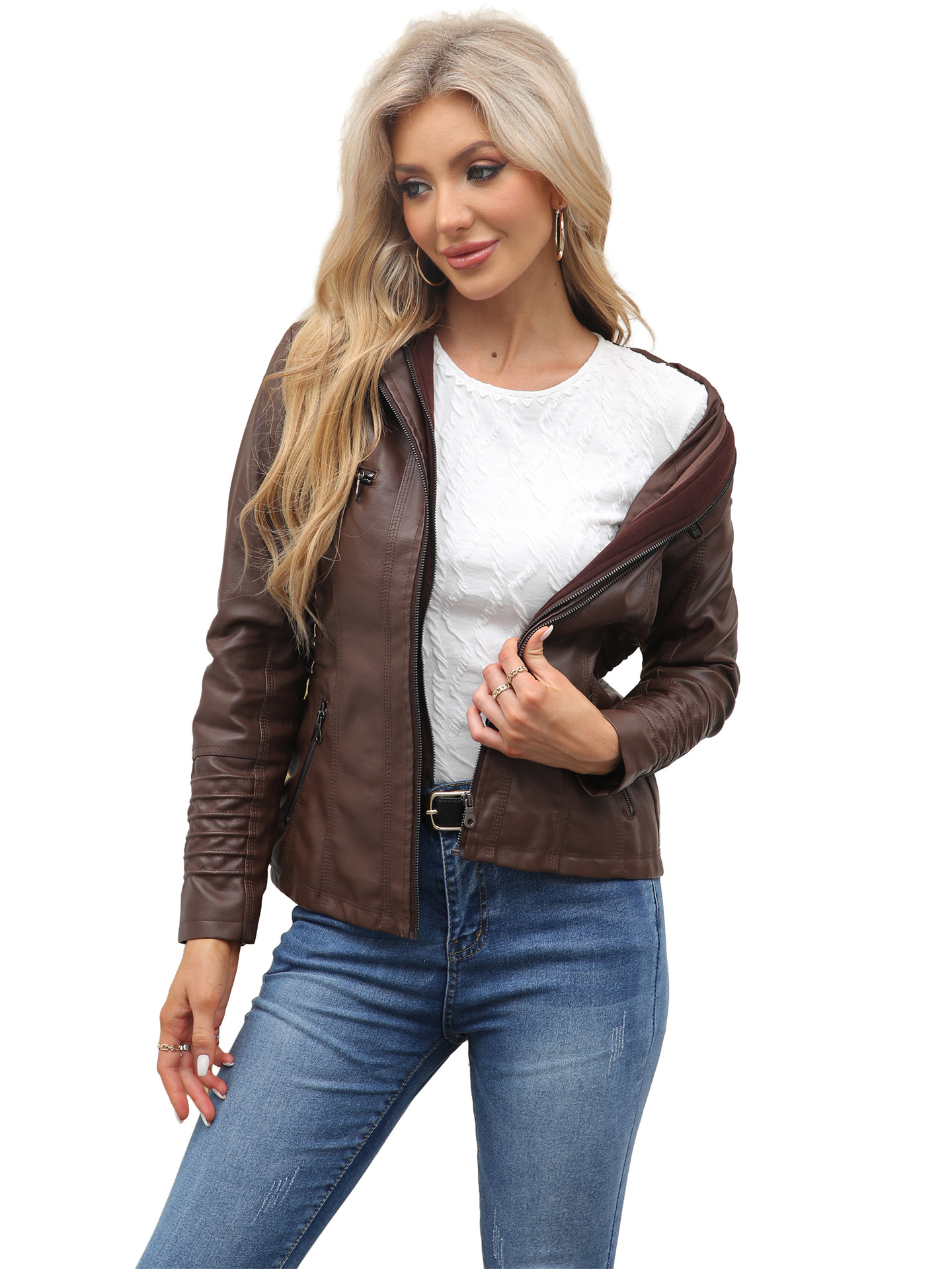 Two-piece hooded leather jacket detachable large-sized leather jacket for women coat PU washed leather cloth plus size XS-7XL