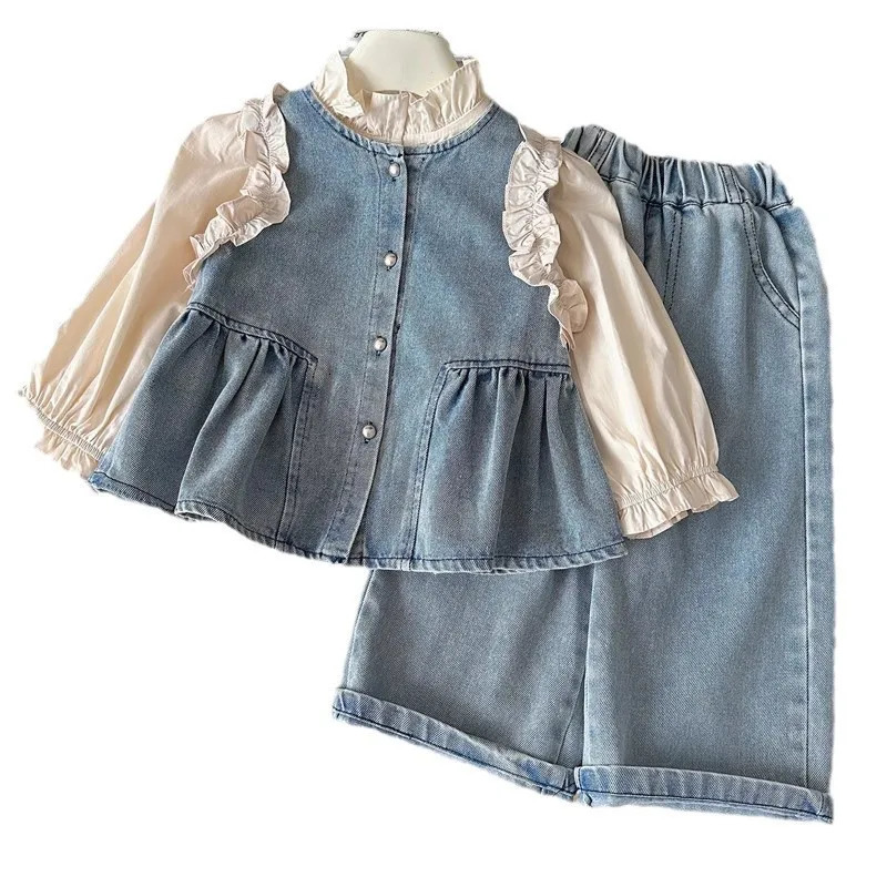 Undershirt Vest Pants Set Spring and Autumn Shirts Fashionable Cowboy Vest Wide Leg Pants 3-Piece Set Trendy 250724