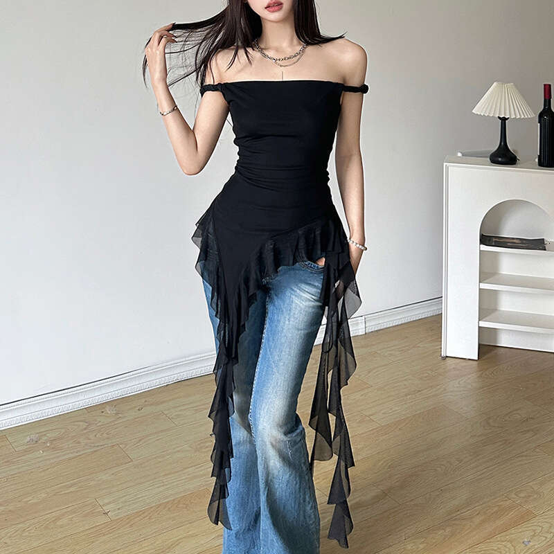 2024 Spring New Women's Solid Color Slim Fit Street Fashion Off-Shoulder Sleeveless Backless Top fde