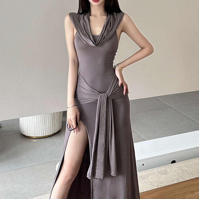 Women's Clothing 2024 Summer New Solid Color Sexy Hooded Sleeveless High Waist Long Dress e53