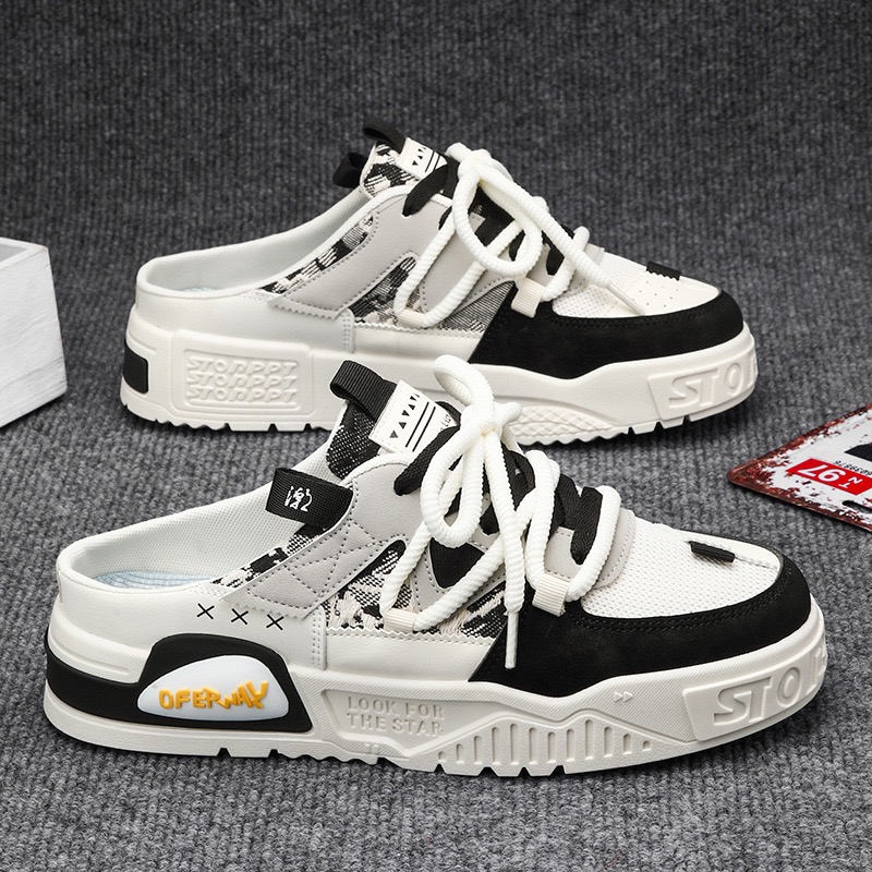 Men's breathable mesh outdoor casual board shoes with thick sole and toe cover canvas half slippers sandals casual shoes
