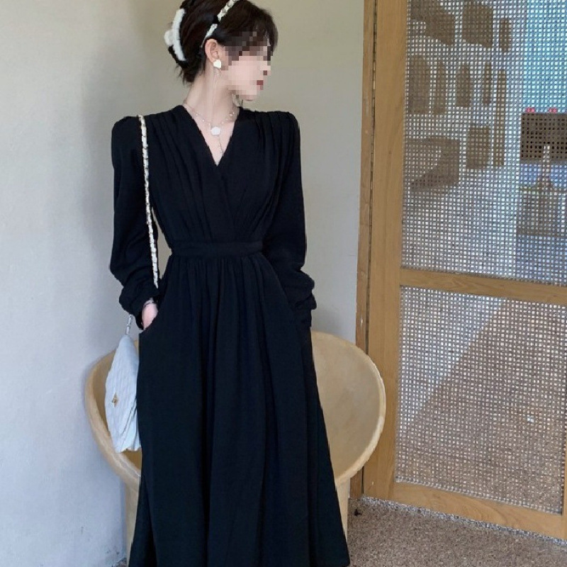 DR150 French style age-reducing belly-covering retro square-neck over-the-knee long skirt
