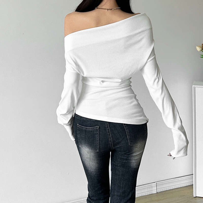 2024 Autumn New Women's Solid Color Slim Street Fashion Asymmetrical Neck Long Sleeve Printed Top 3fe
