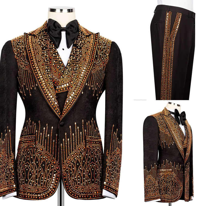 Luxury Men's Suits Crystal Beads Slim Fit Wedding Groom Tuxedos Peaked Lapel Business Blazer Set 3 Pieces Customized