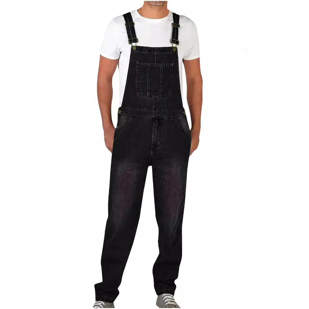 Overalls Jeans Men Ankle Length Jumpsuits Straight Pants Spliced Pockets Loose Vintage Wash Denim Casual Solid 250725