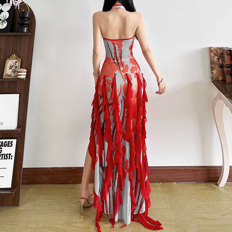 2025 Spring New Women's Solid Color Slim High Waist Fashion Halter Neck Backless Sleeveless Dress 379
