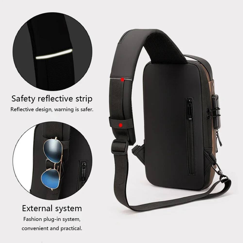 NEW Men Fashion Chest Anti-Theft Tape Portable Backpack With USB Charging Port Male PU Shoulder Outdoor Sports Crossbody Bag