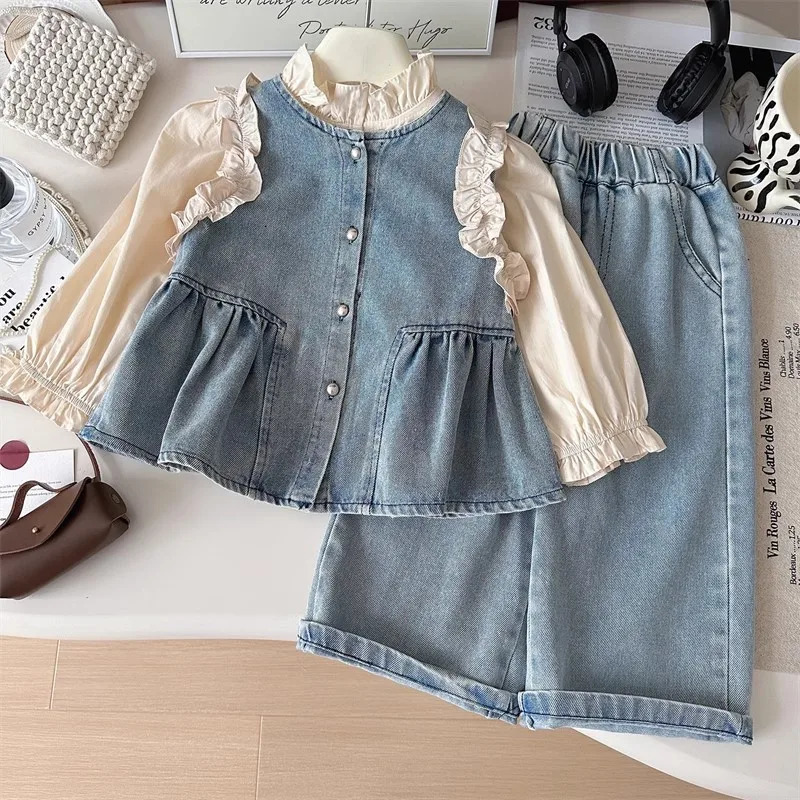 Undershirt Vest Pants Set Spring and Autumn Shirts Fashionable Cowboy Vest Wide Leg Pants 3-Piece Set Trendy 250724