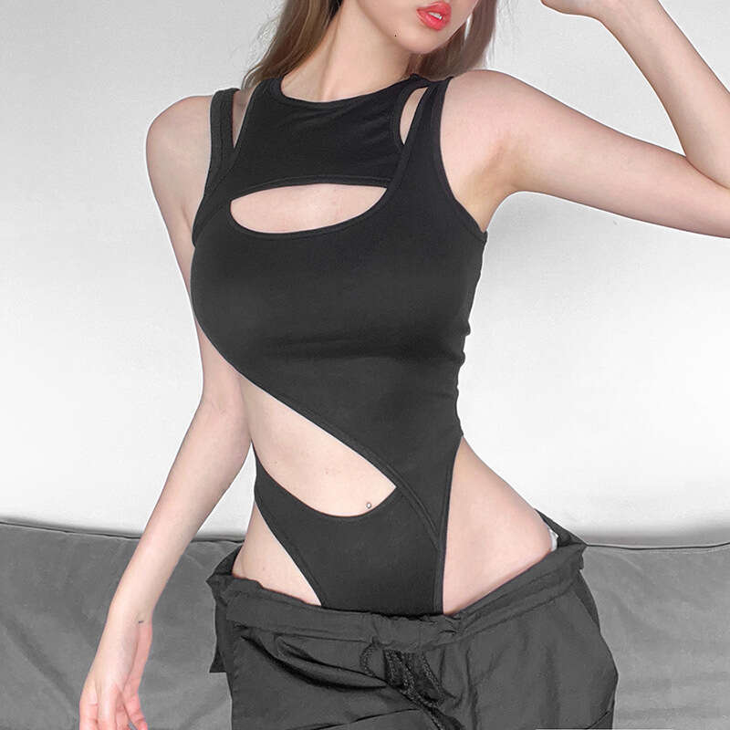 2023 Summer New Women's Solid Color Slim Fit Street Fashion Sleeveless Sexy Hollow Out Jumpsuit bcc