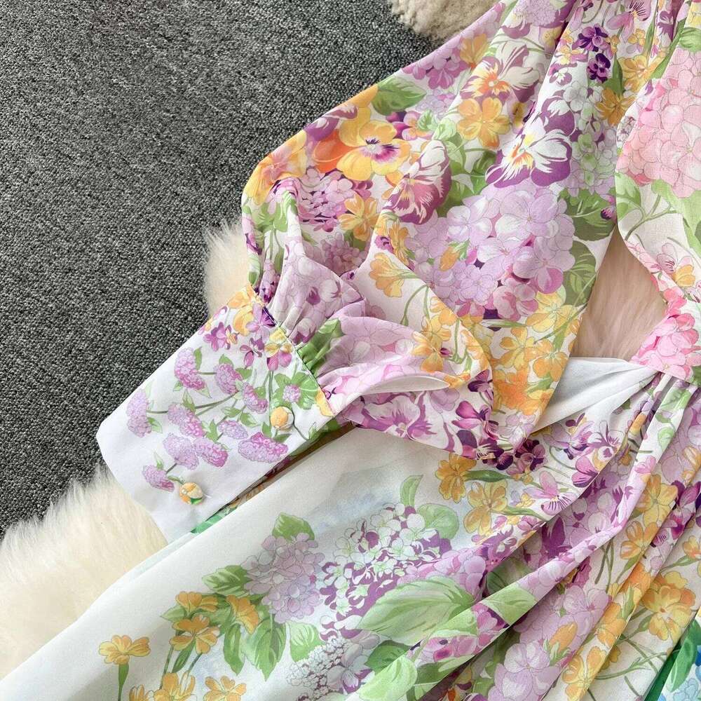 Fashion Runway Gorgeous Flower Holiday Chiffon Dress Women Stand Long Lantern Sleeve Floral Print Belt Lace Up Boho Robe Vestido