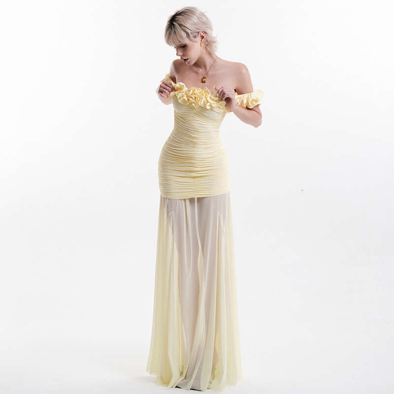 2025 Summer New Mesh Off-Shoulder Waist-Cinching Sleeveless Dress Slim Fit Elegant Midi Skirt for Women cd4