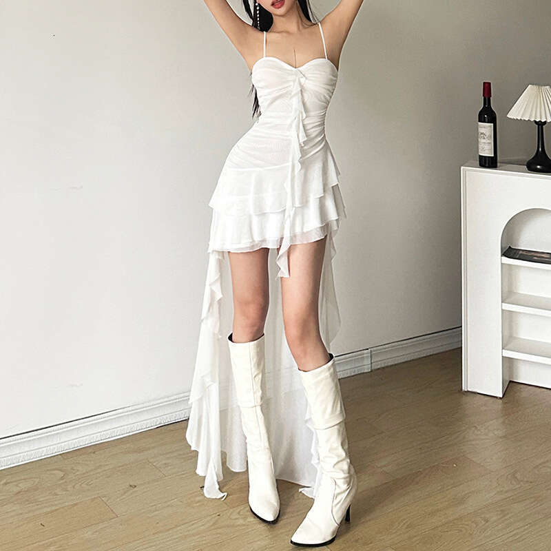 2024 Spring New Women's Solid Color Slim Fit High Waist Fashion Off-Shoulder Strap Dress 457